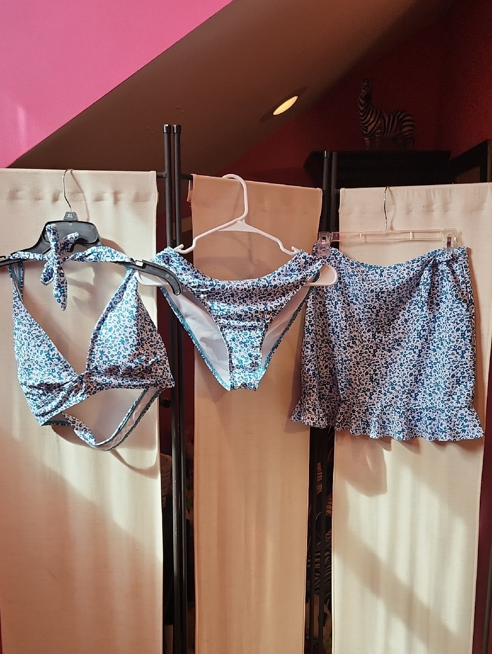 Blue Floral Three-Piece Bikini Set with Skirt